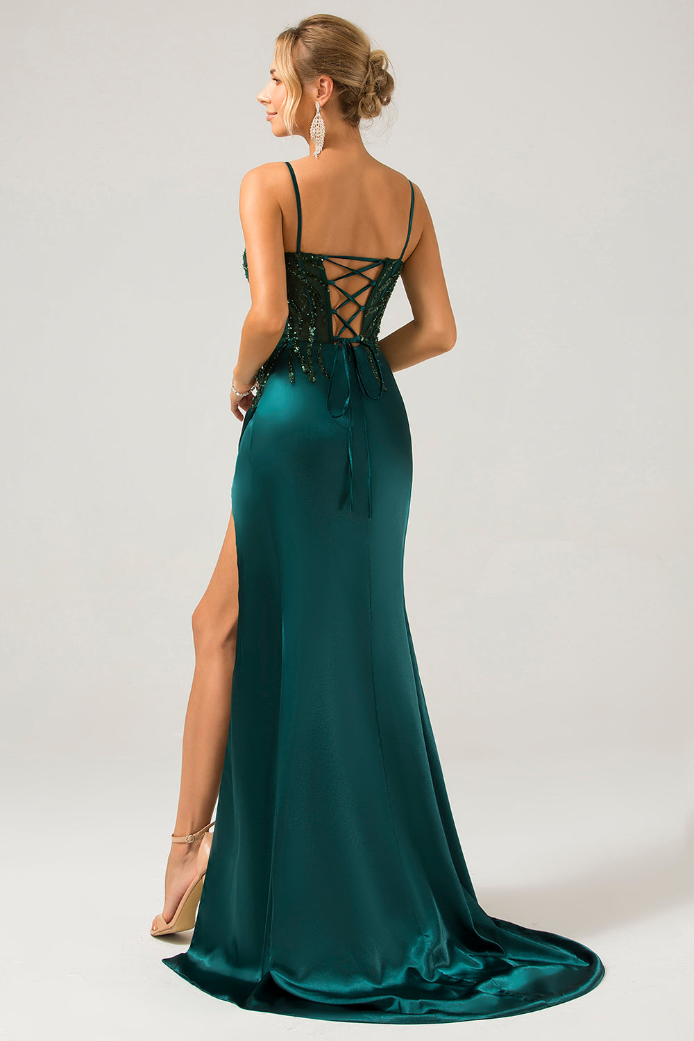 Dark Green Mermaid Spaghetti Straps Pleated Sequin Bridesmaid Dress With Slit