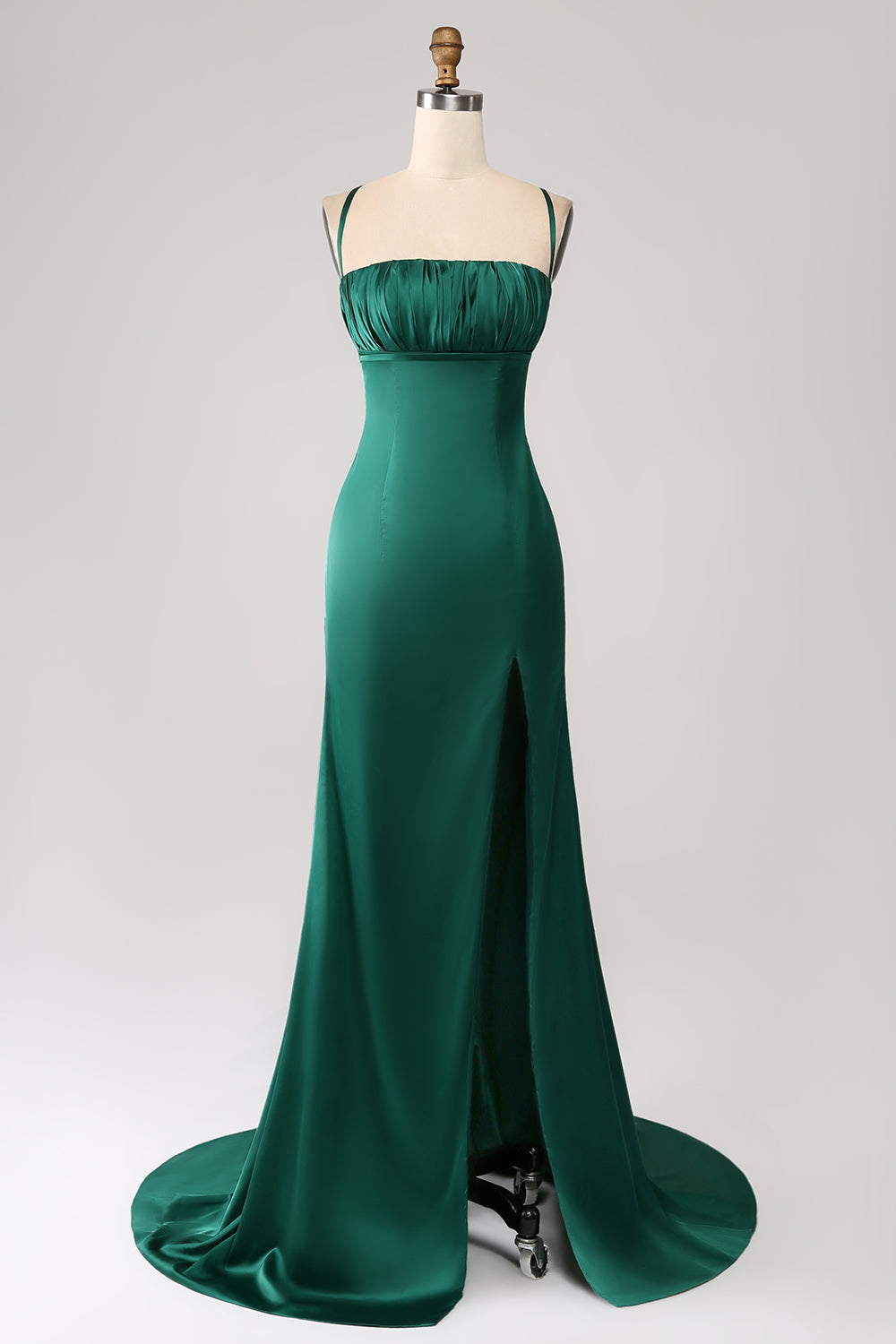 Dark Green Sheath Spaghetti Straps Pleated Maxi Dress With Slit