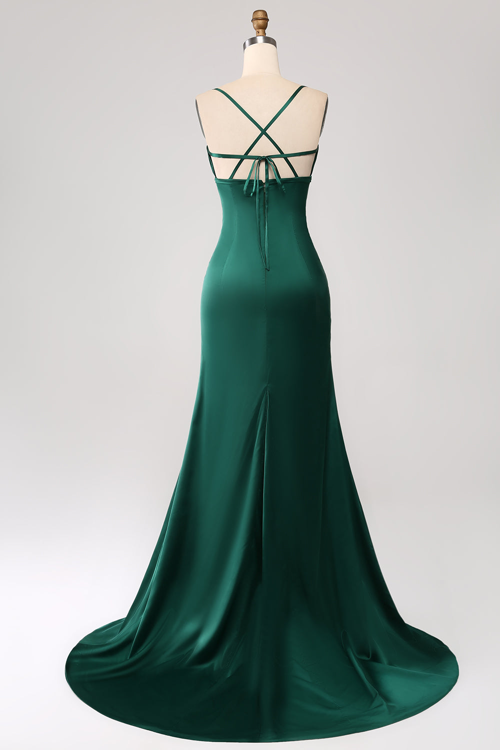 Dark Green Sheath Spaghetti Straps Pleated Maxi Dress With Slit