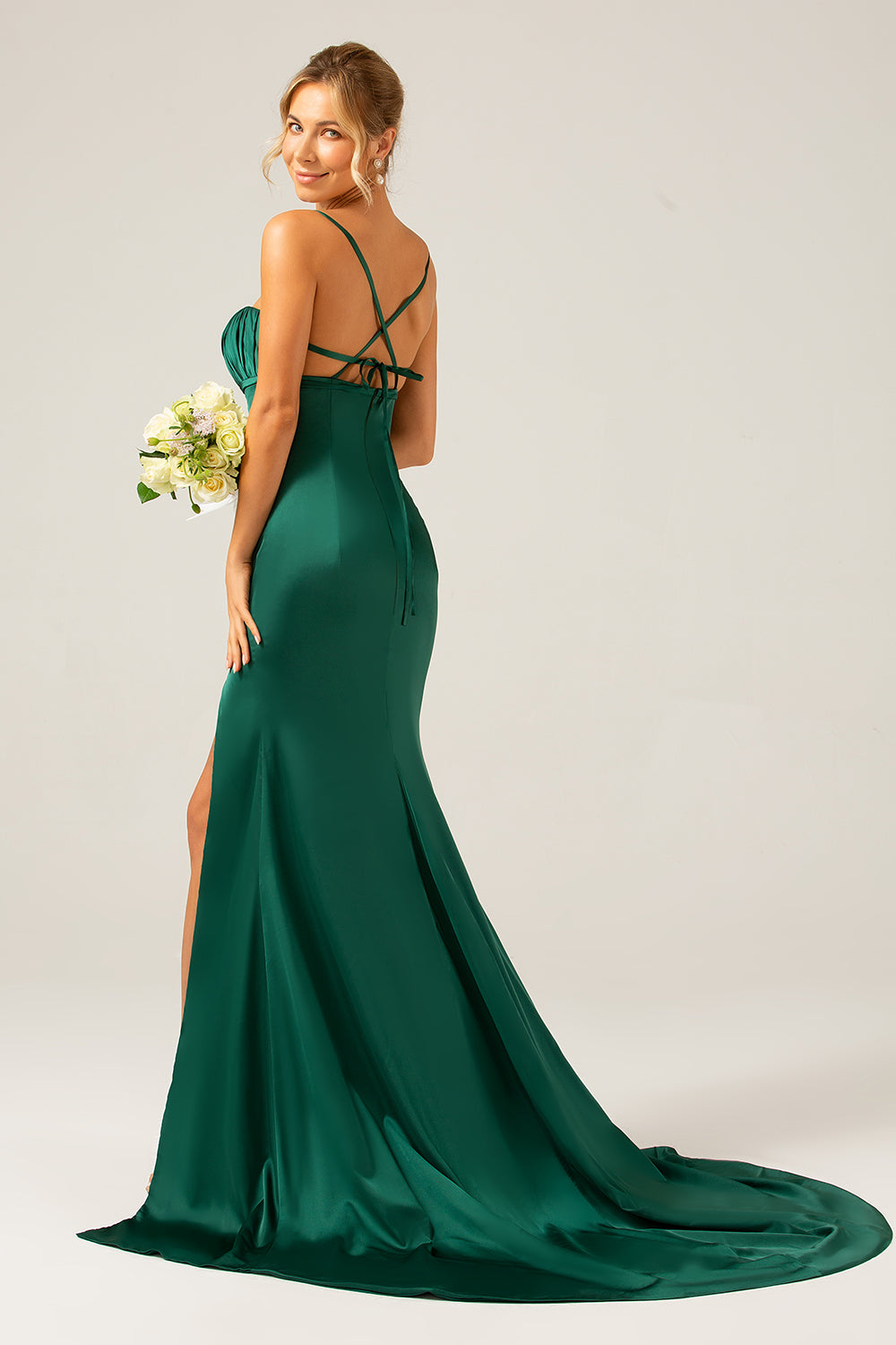 Dark Green Sheath Spaghetti Straps Pleated Long Bridesmaid Dress With Slit