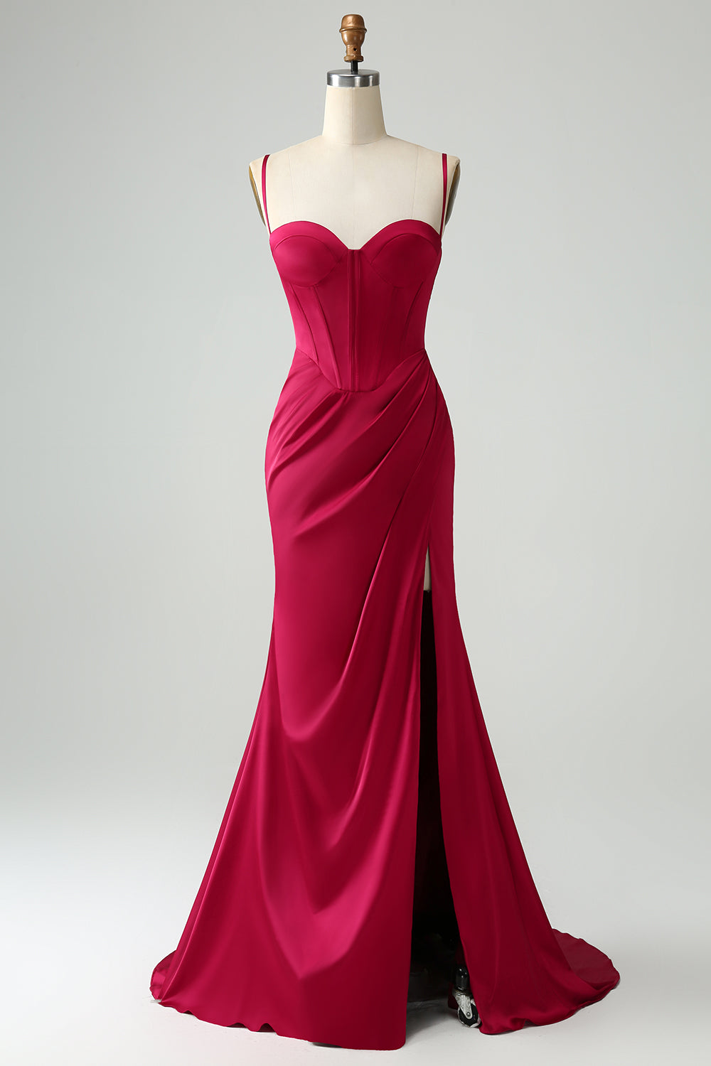 Burgundy Mermaid Spaghetti Straps Pleated Prom Dress With Slit