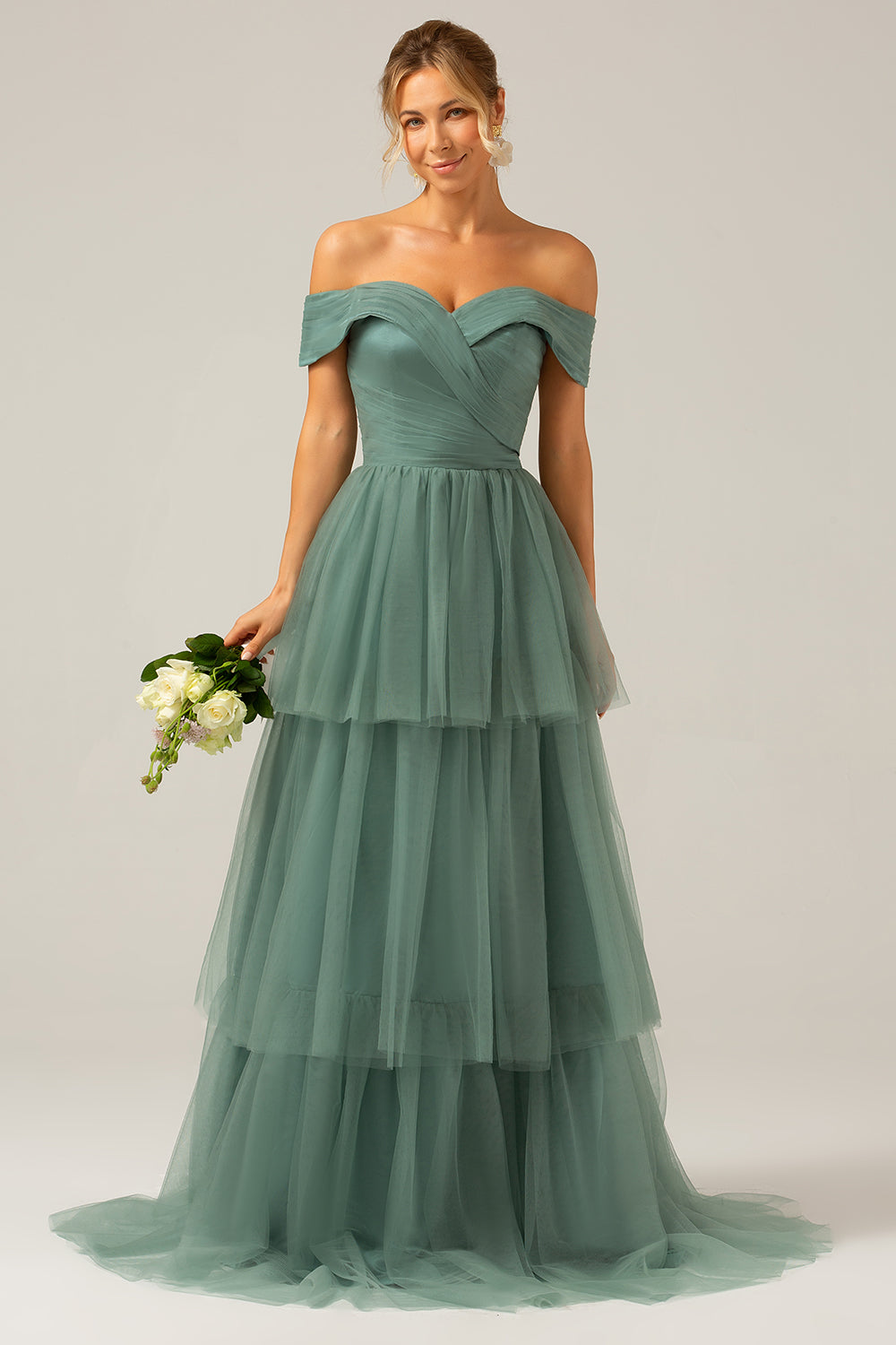 Grey Green A-Line Off The Shoulder Pleated Tiered Long Bridesmaid Dress