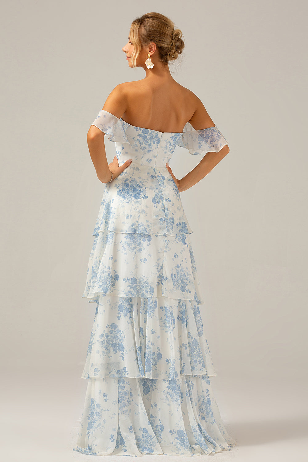 White Blue Floral A-Line Off The Shoulder Tiered Print Bridesmaid Dress