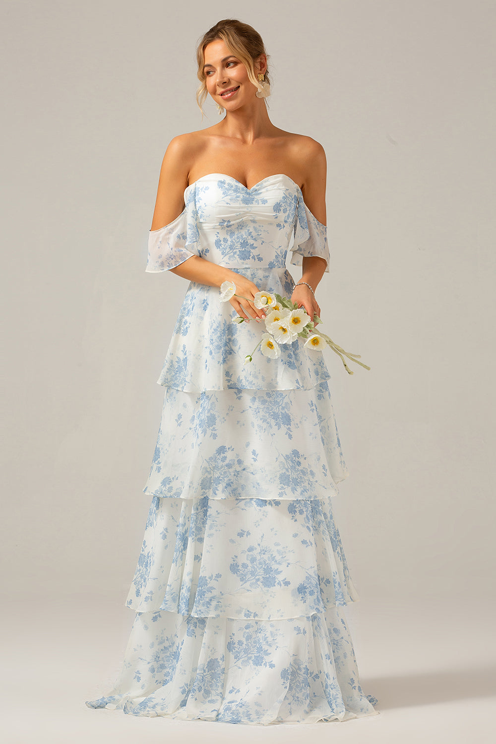 White Blue Floral A-Line Off The Shoulder Tiered Print Bridesmaid Dress