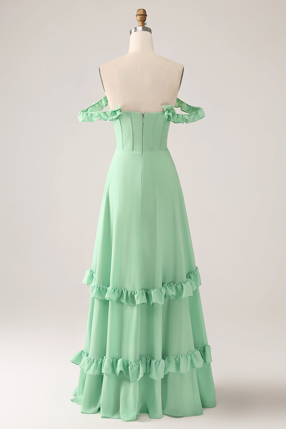 Green A Line Off The Shoulder Corset Chiffon Long Bridesmaid Dress with Ruffles