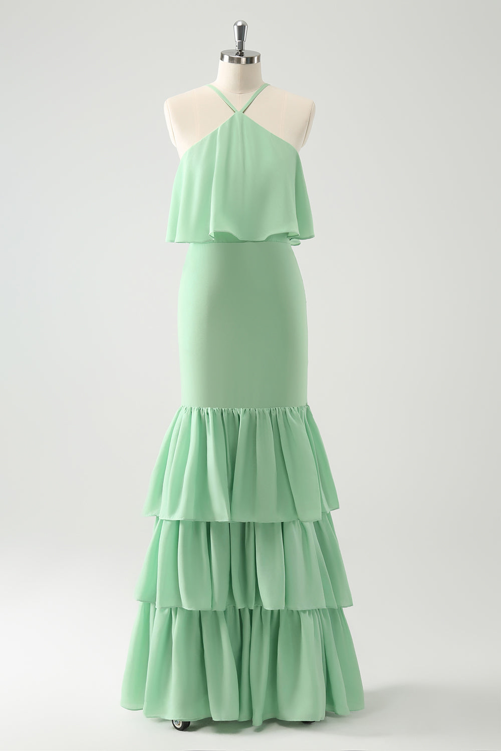 Green Mermaid Halter Tiered Long Wedding Party Guest Dress with Ruffles