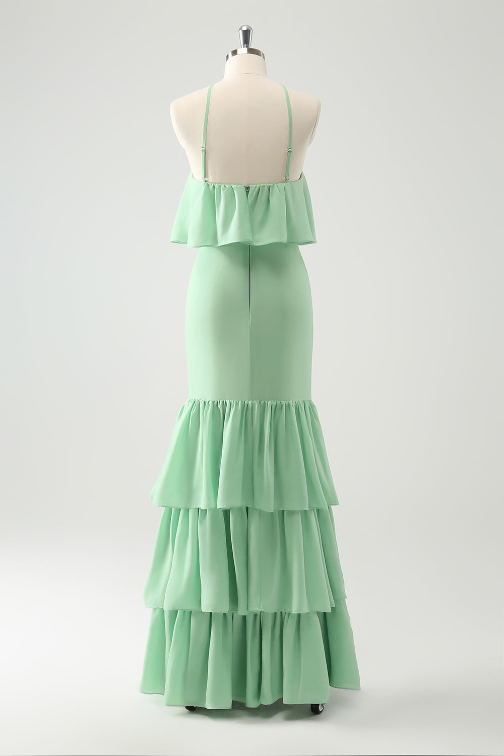 Green Mermaid Halter Tiered Long Wedding Party Guest Dress with Ruffles