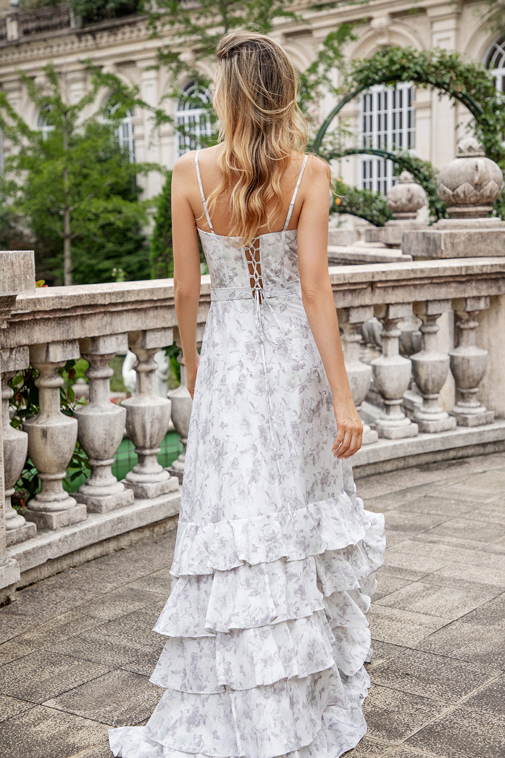 Brown Flower A Line Spaghetti Straps Tiered Lace-up Back Bridesmaid Dress