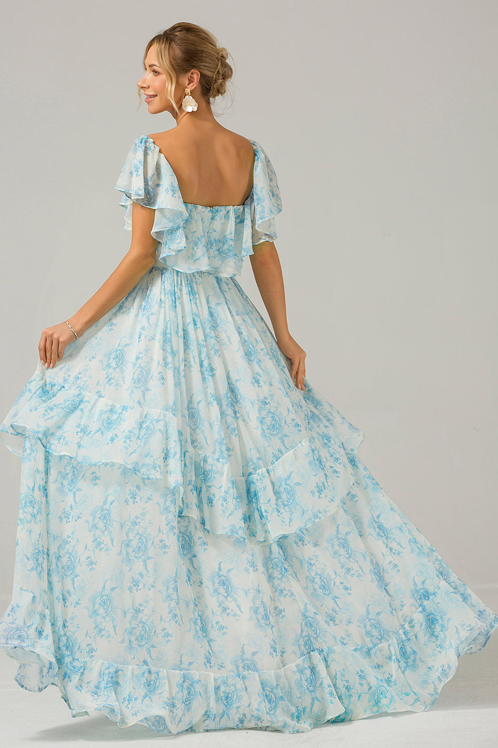 White Blue Floral Print A Line Off The Shoulder Tiered Bridesmaid Dress