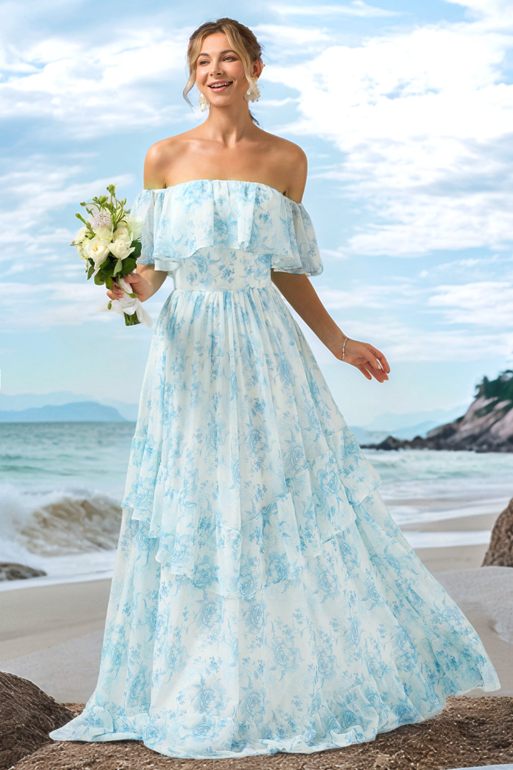 A Line Off The Shoulder White Blue Floral Tiered Long Bridesmaid Dress