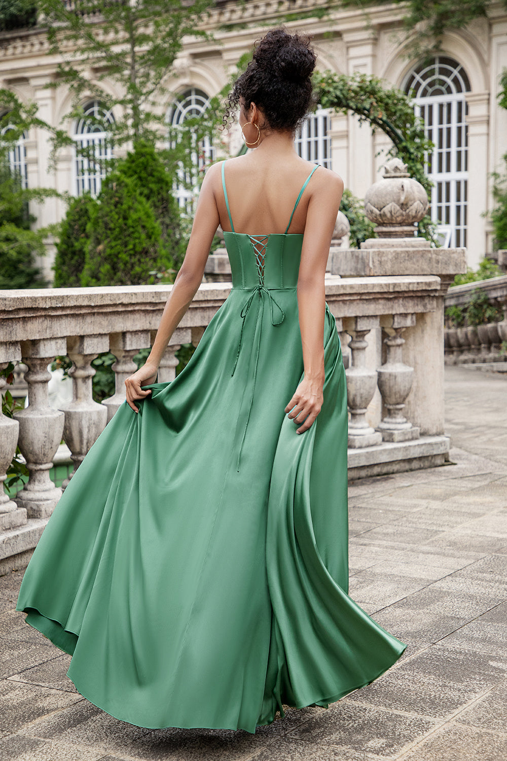 Eucalyptus A Line Lace-Up Back Corset Pleated Satin Bridesmaid Dress with Pocket