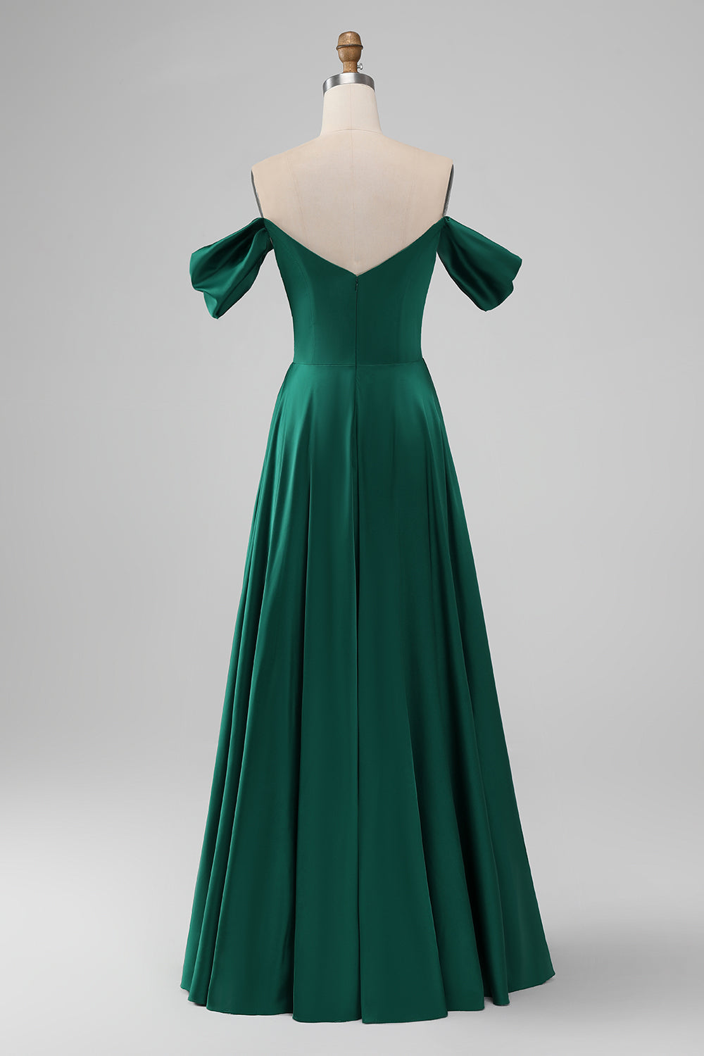 Dark Green A-Line Off The Shoulder Pleated Satin Long Bridesmaid Dress