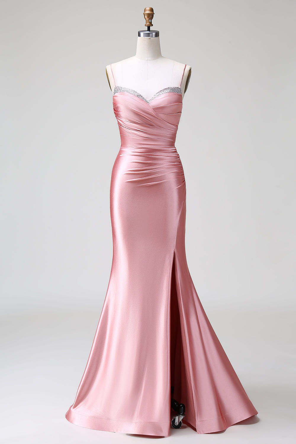 Blush Mermaid Spaghetti Straps Pleated Lace Up Satin Prom Dress with Slit