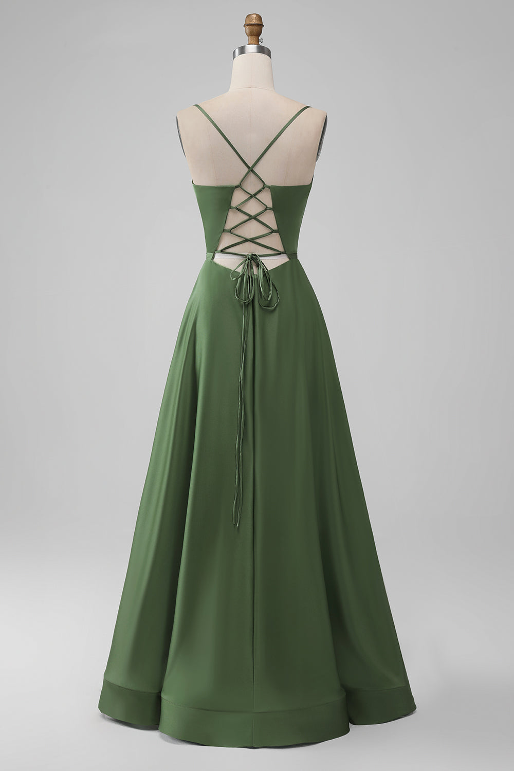 Green A-Line Spaghetti Straps Long Bridesmaid Dress with Lace-up Back