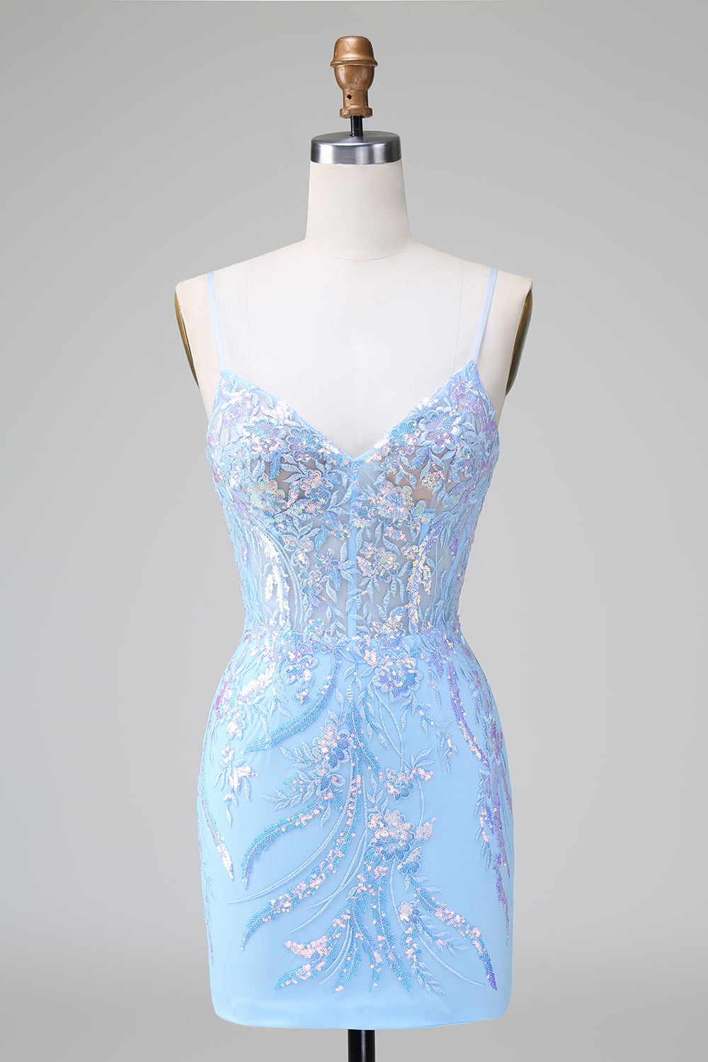 Sparkly Blue Bodycon Spaghetti Straps Corset Short Homecoming Dress with Sequins