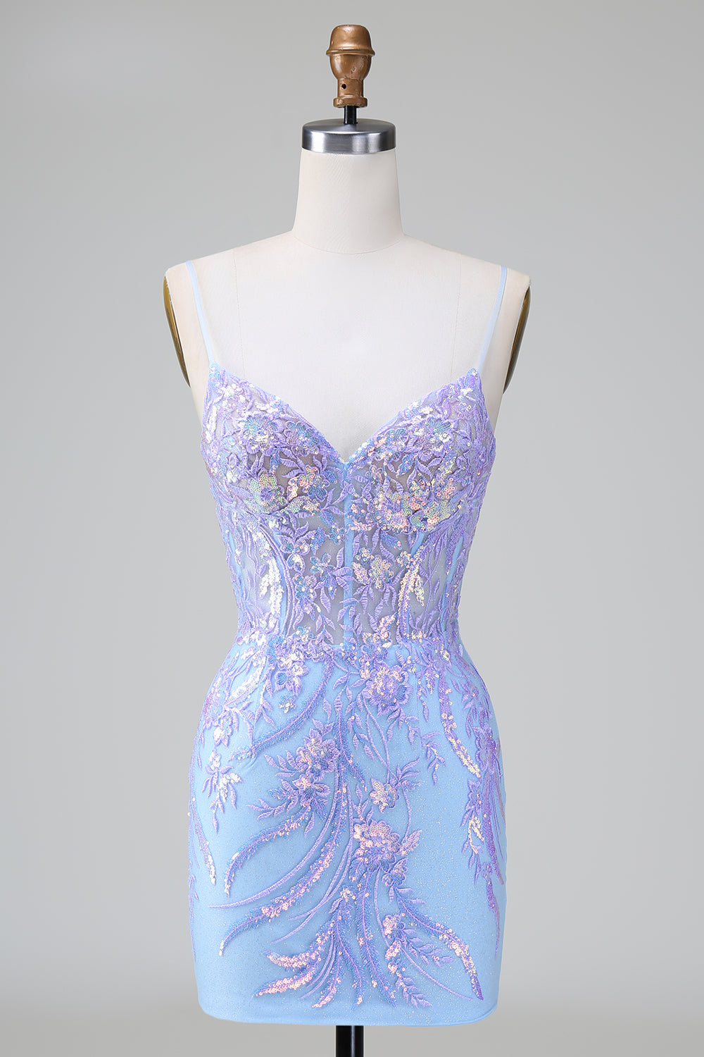 Sparkly Lilac Blue Bodycon Spaghetti Straps Corset Short Homecoming Dress with Sequins