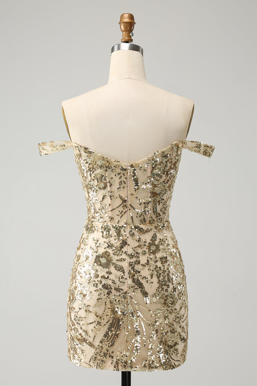 Sparkly Golden Bodycon Off The Shoulder Corset Homecoming Dress with Sequins