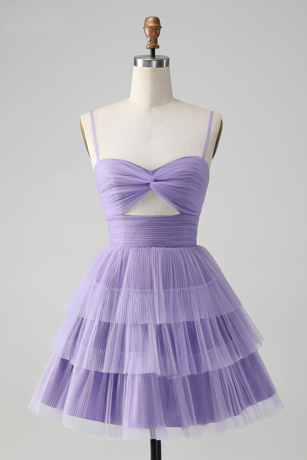 Cute Purple A Line Spaghetti Straps Short Tiered Homecoming Dress with Hollow Out