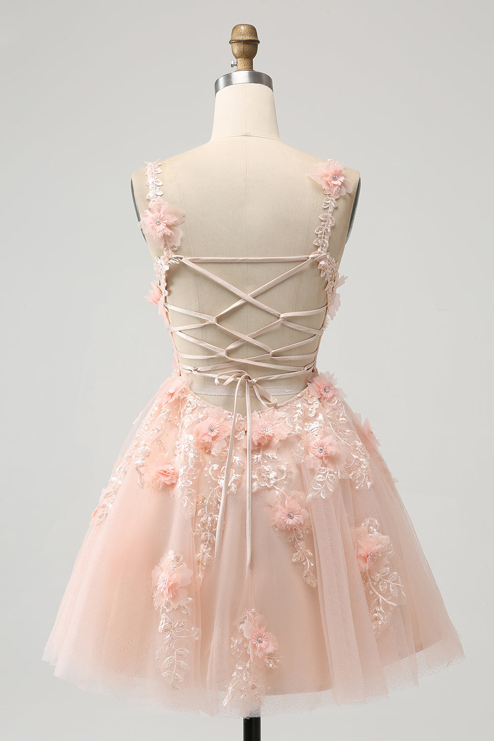 Cute Blush A Line V Neck Sequin Corset Short Homecoming Dress with Appliques