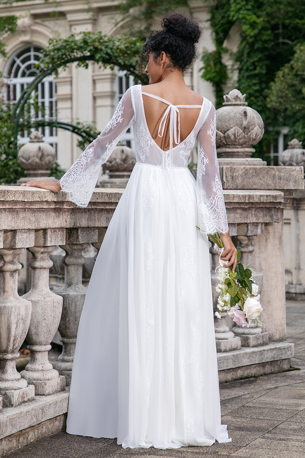 White A Line V Neck Open Back Long Wedding Dress with Appliques Lace