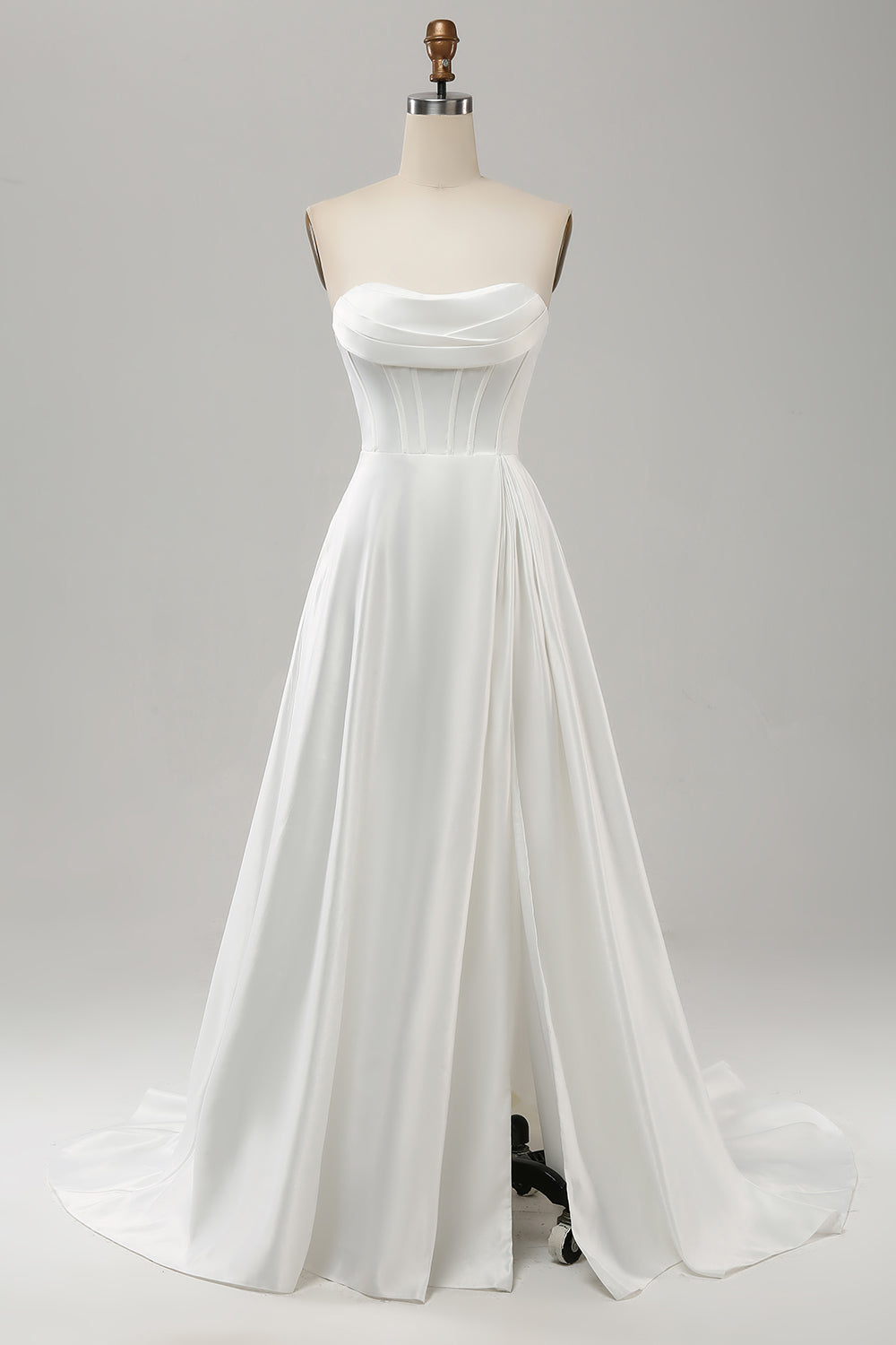 Elegant White A Line Strapless Pleated Sweep Train Corset Wedding Dress With Split