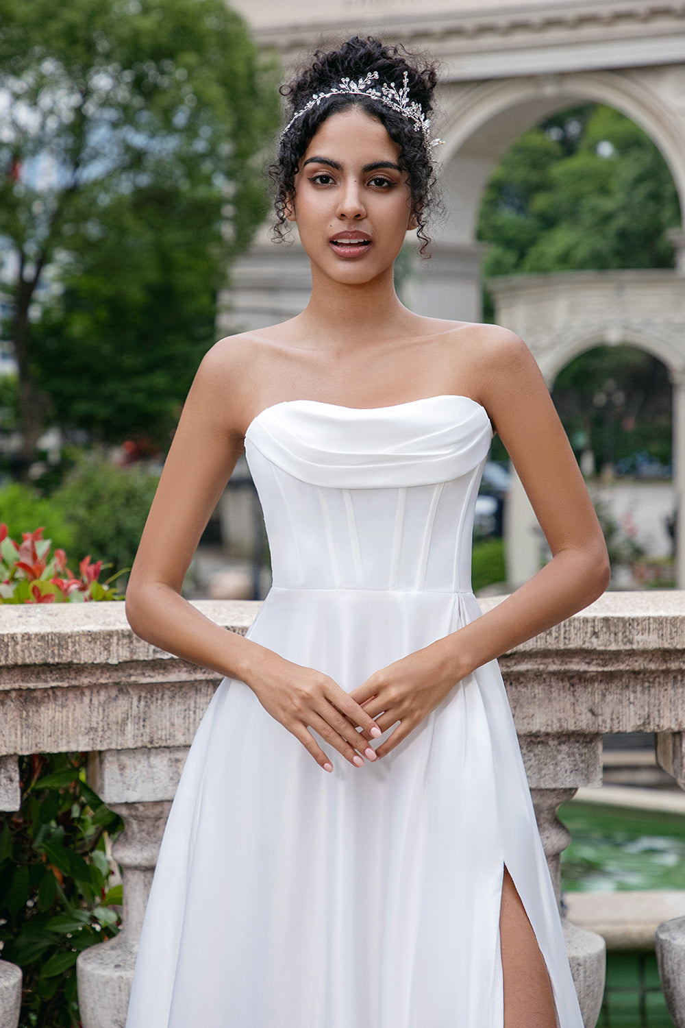 Elegant White A Line Sweep Train Strapless Pleated Corset Wedding Dress With Split