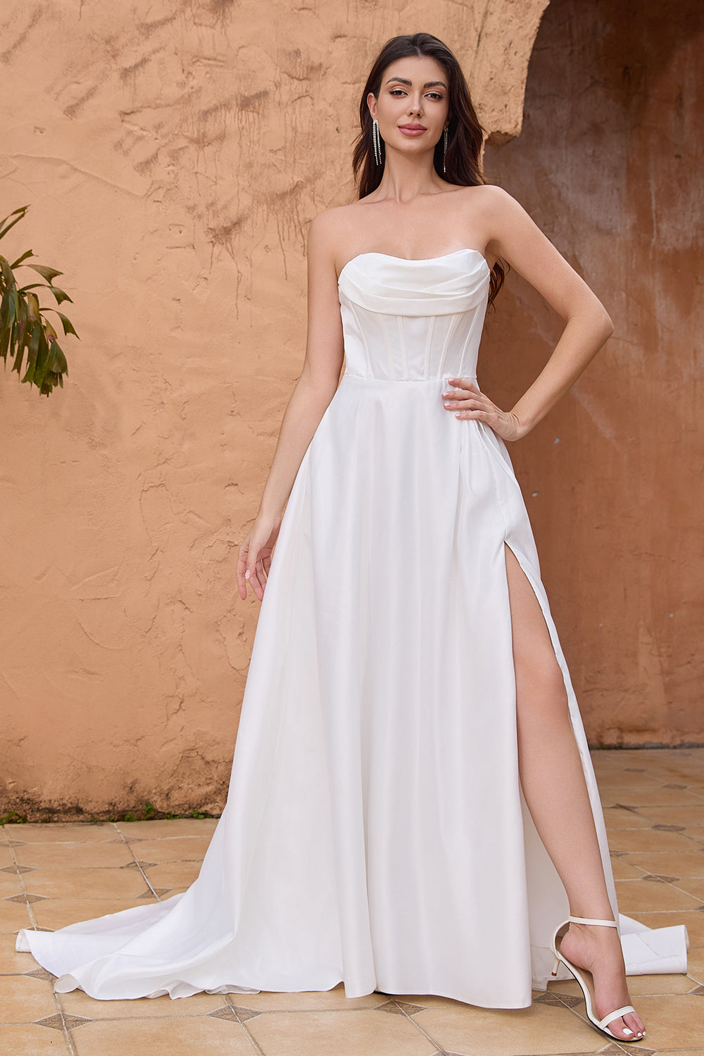 Elegant White A Line Strapless Pleated Sweep Train Corset Bridal Dress With Split