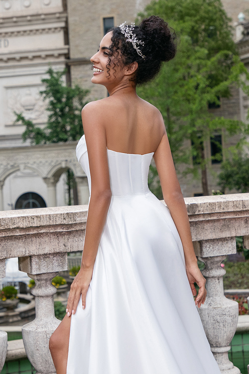 Elegant White A Line Sweep Train Strapless Pleated Corset Wedding Dress With Split