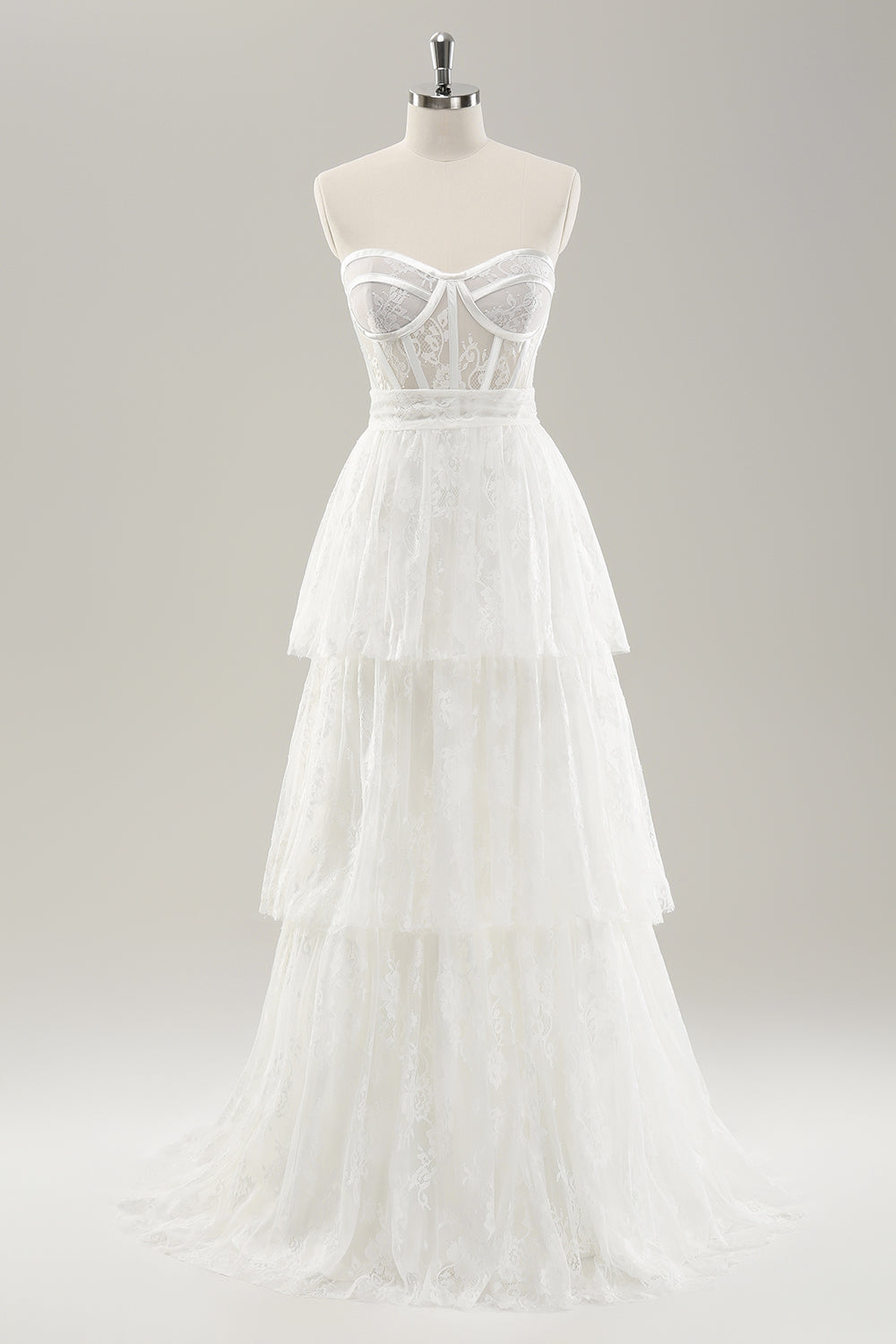 White A Line Sweetheart Corset Tiered Long Wedding Dress with Appliques Lace