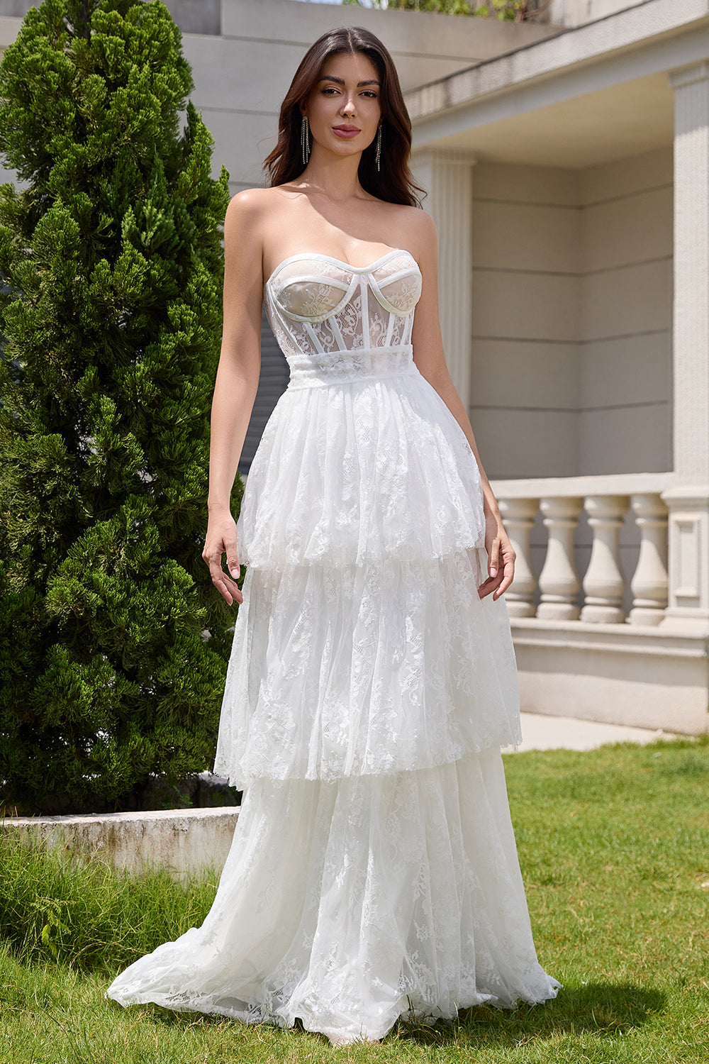 White A Line Sweetheart Corset Tiered Wedding Dress with Appliques Lace