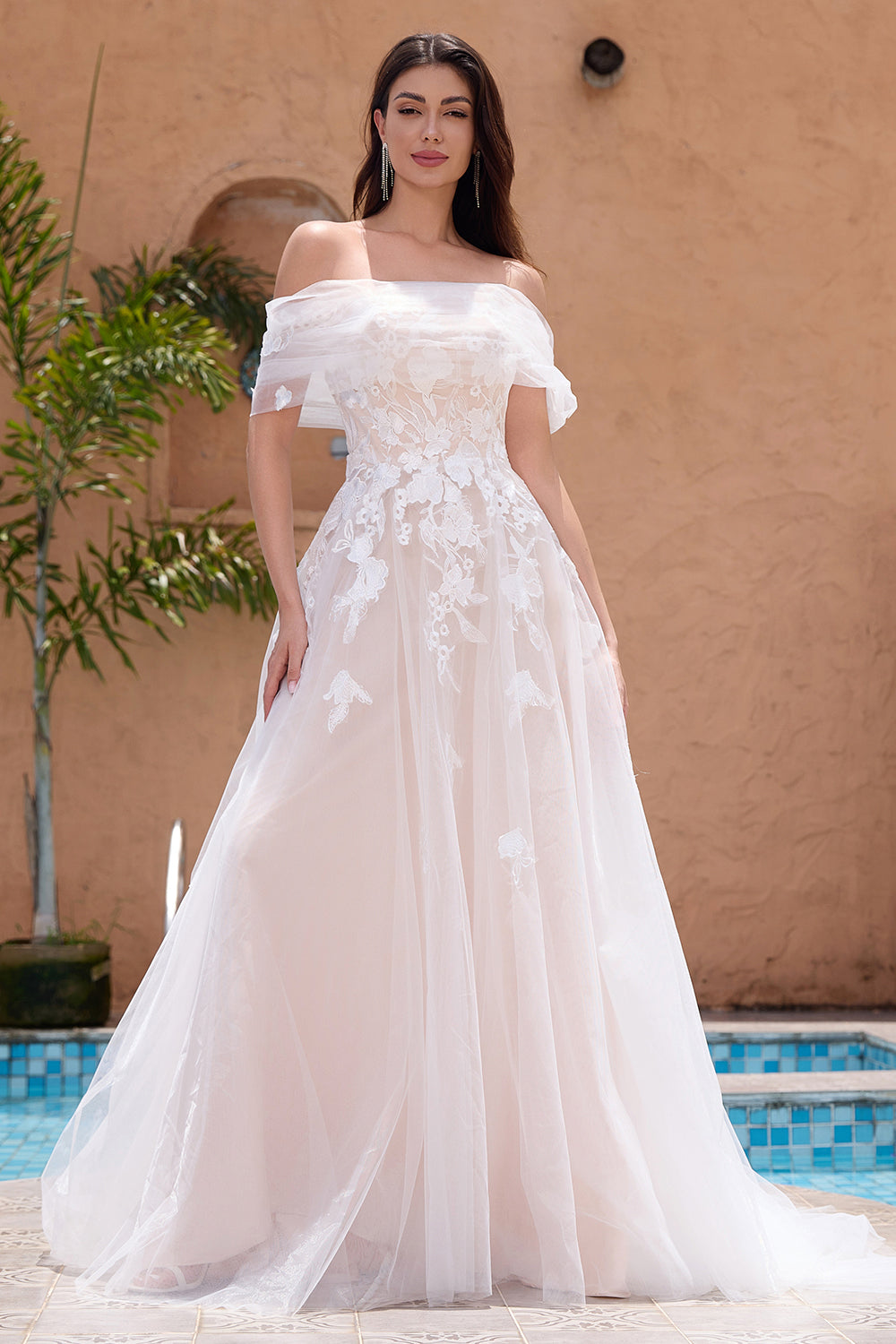 Princess Off The Shoulder Corset Long Bridal Dress with Appliques Lace