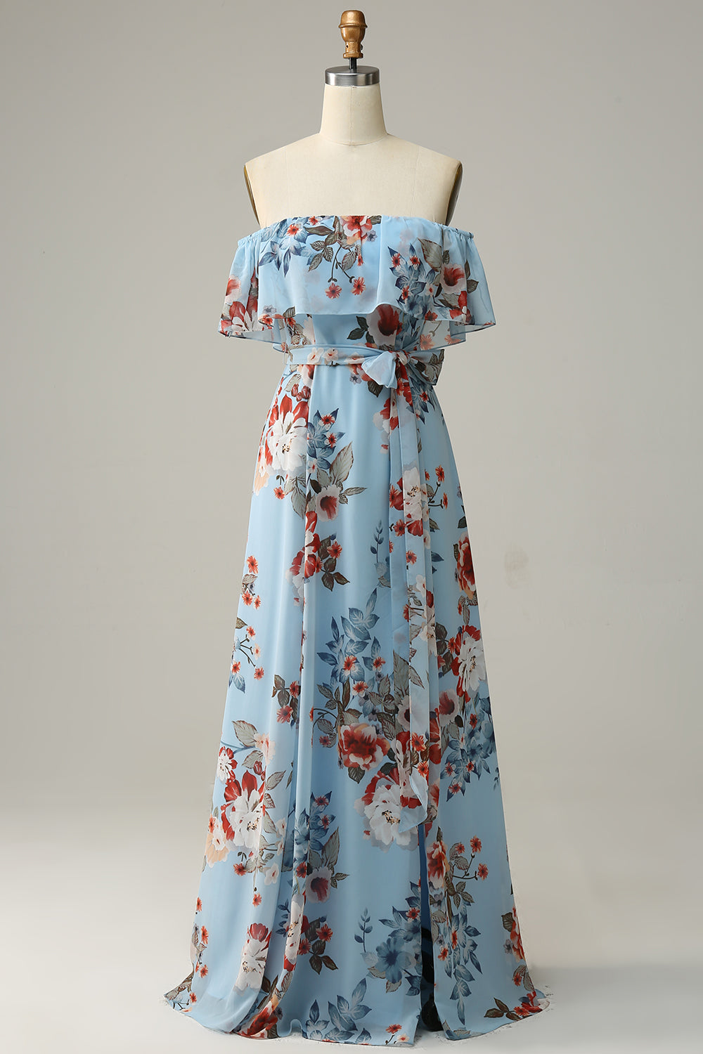 Light Blue A Line Off The Shoulder Floor Length Print Chiffon Bridesmaid Dress