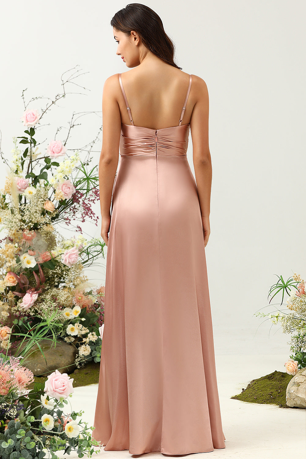 Blush A Line Spaghetti Straps Bright Satin Bridesmaid Dress with Slit