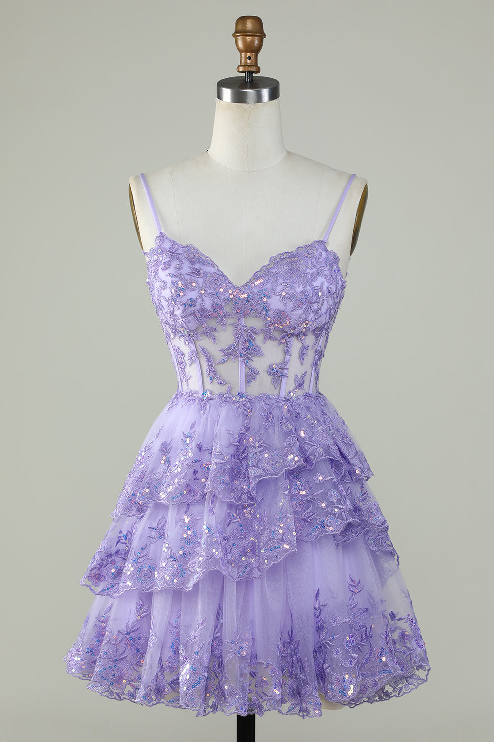 Sparkly Purple A Line Spaghetti Straps Tiered Corset Short Homecoming Dress