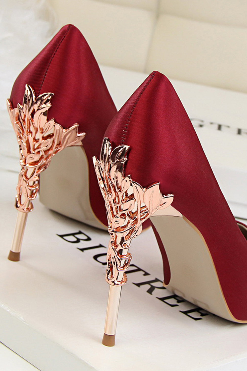 Burgundy Satin Stiletto Heel Closed Toe Pumps With Rhinestone shoes