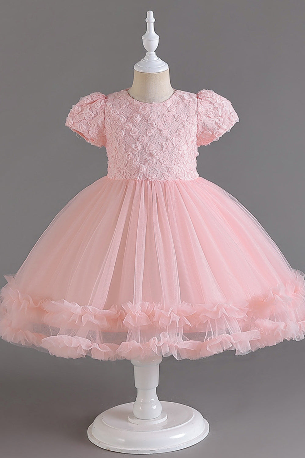 Pink Tulle Round Neck Puff Sleeves Flower Girl Dress