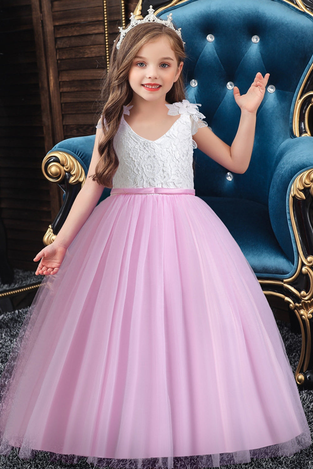 Pink Sleeves V Neck Tulle Long Flower Girl Dress