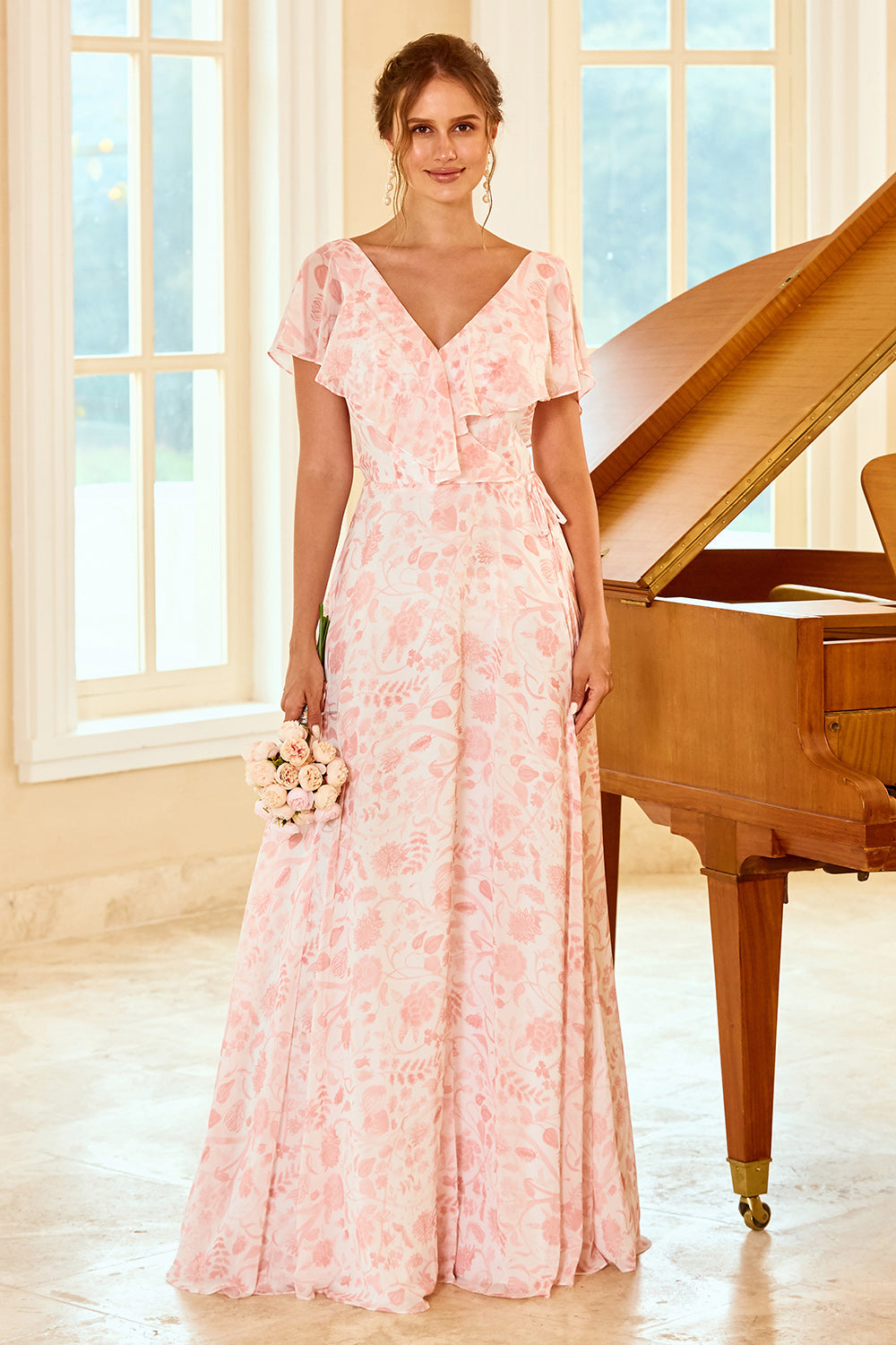 Blush A Line V Neck Floor Length Flower Print Bridesmaid Dress