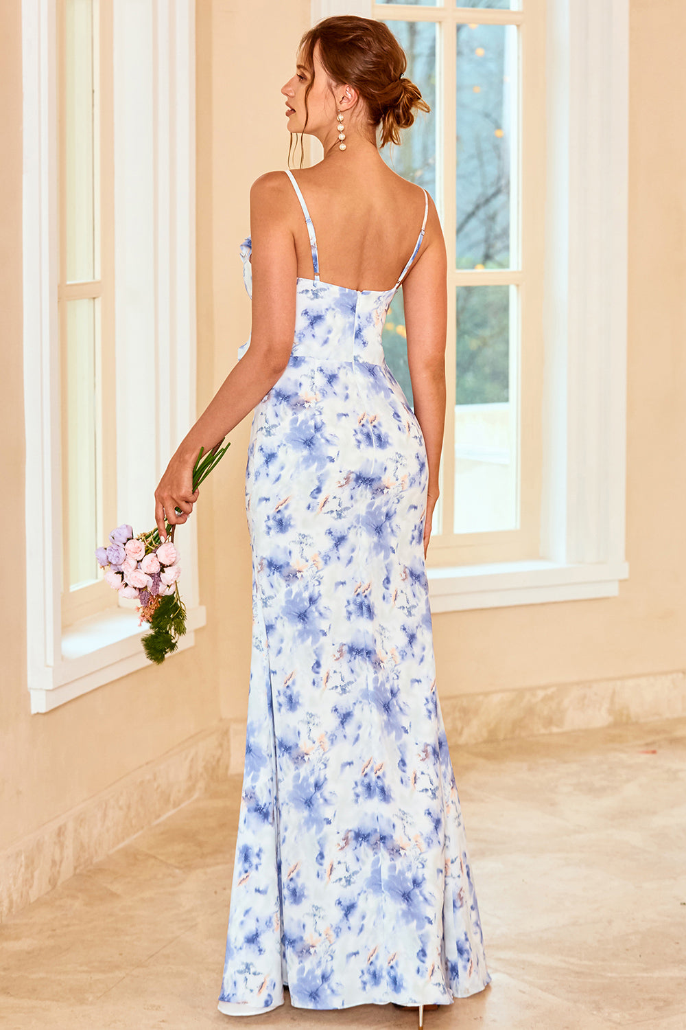 Blue Sheath Spaghetti Straps Floral Print Long Bridesmaid Dress with Split Front