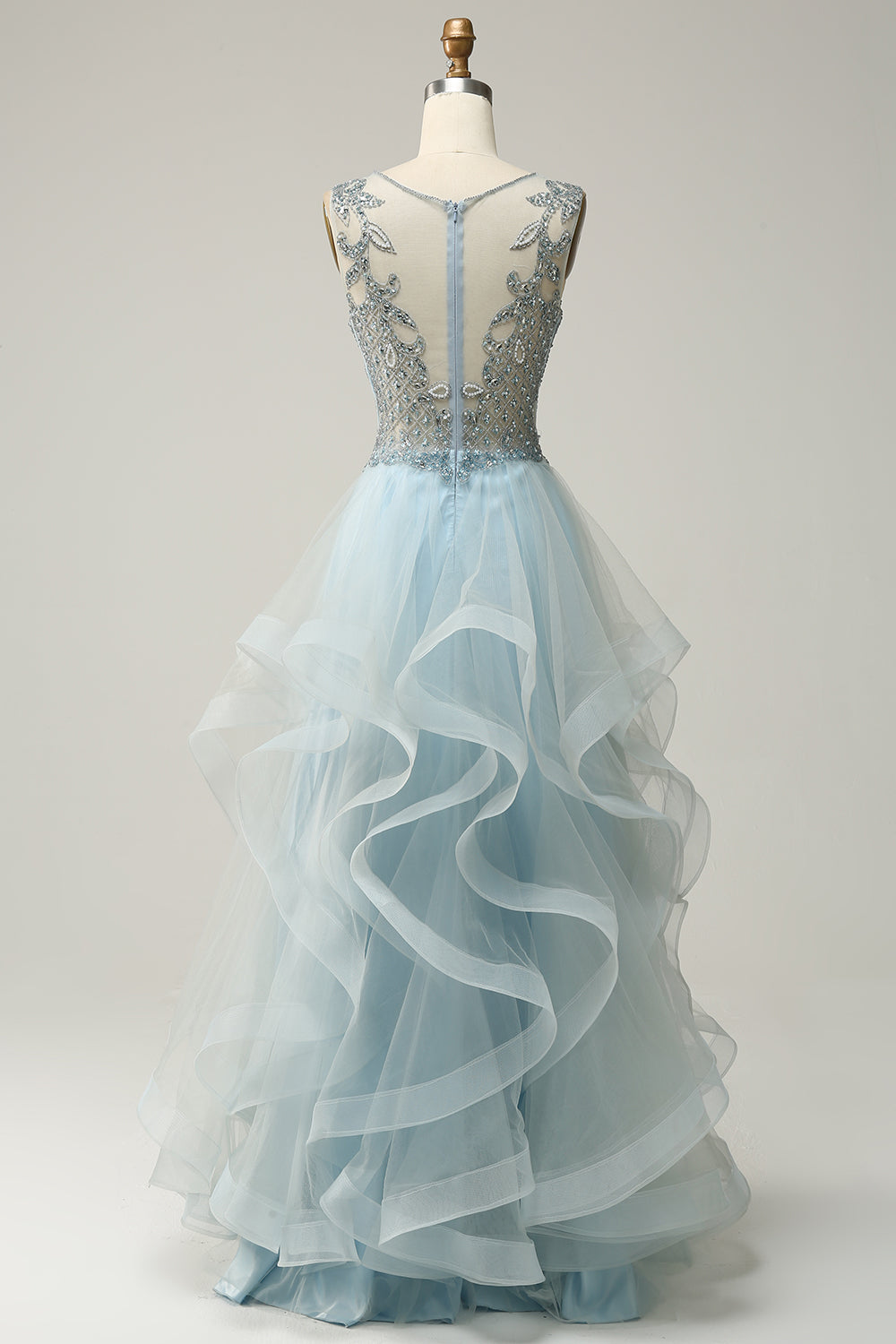 Light Blue A Line Deep V Neck Long Prom Dress with Appliques