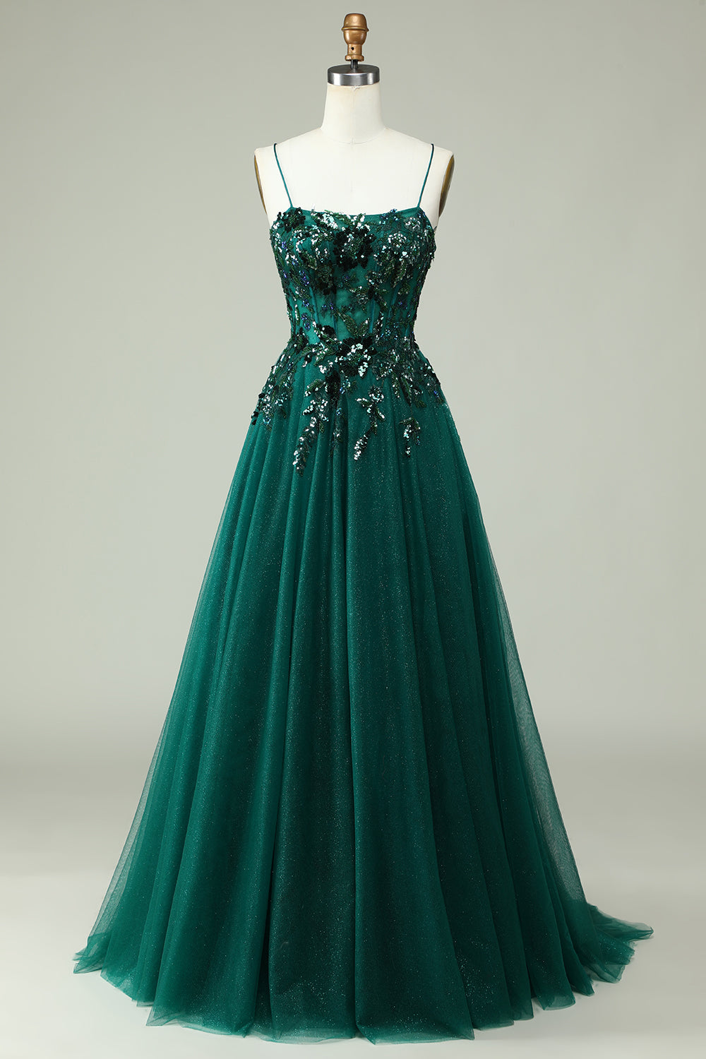 Dark Green A Line Spaghetti Straps Corset Prom Dress with Appliques