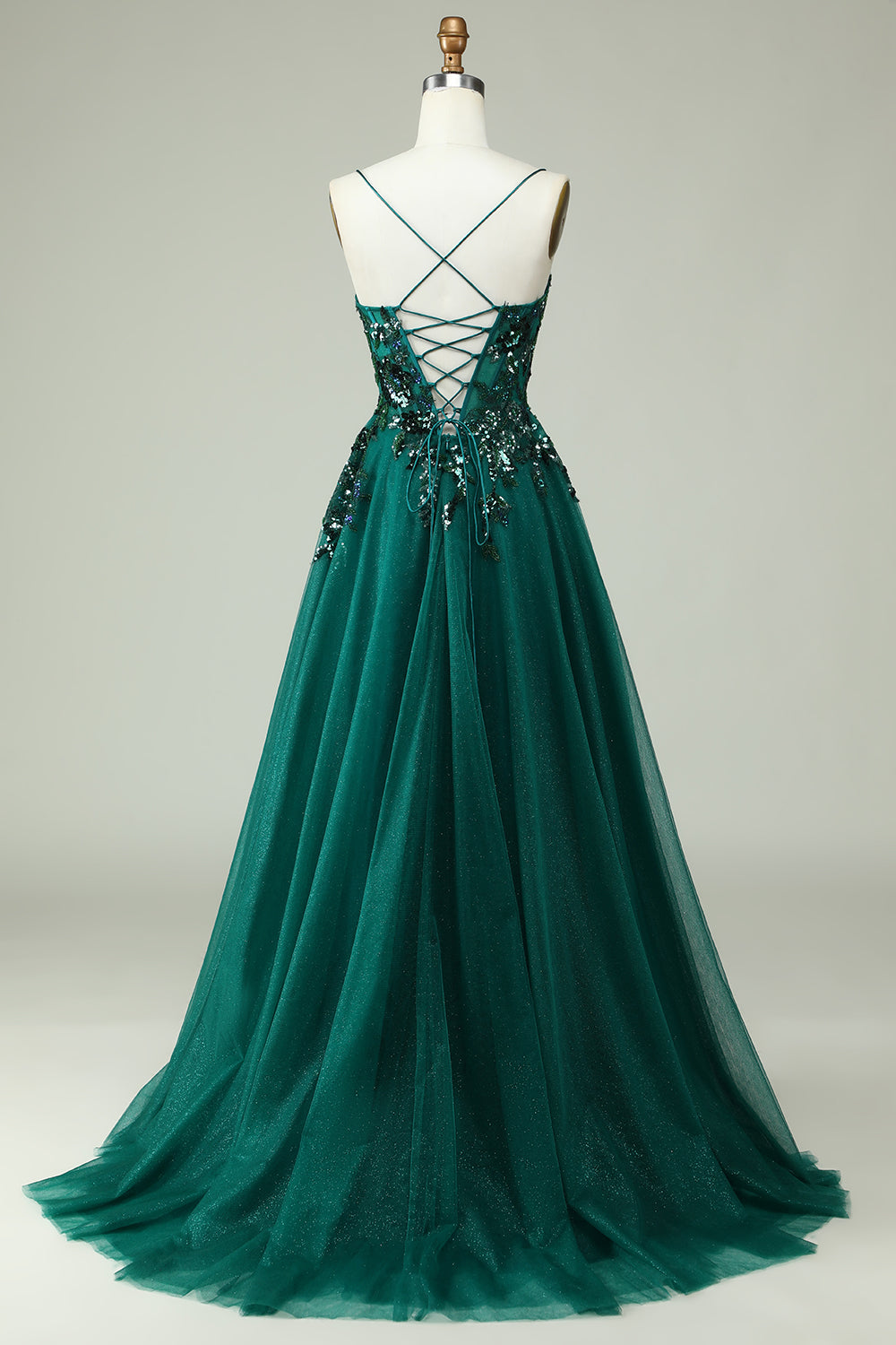 Dark Green A Line Spaghetti Straps Corset Prom Dress with Appliques