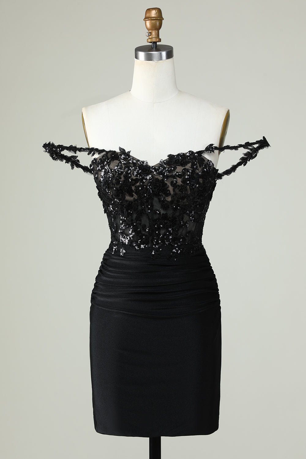 Unique Black Sheath Off the Shoulder Short Homecoming Dress with Appliques