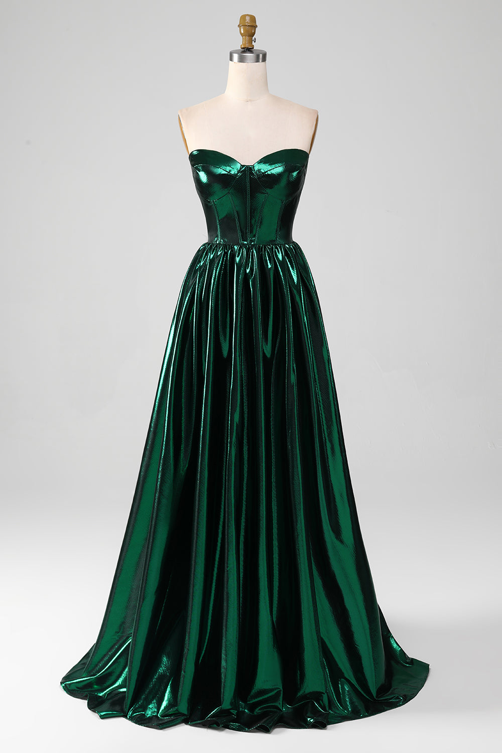 Glitter Dark Green A-Line Sweetheart Corset Metallic Long Prom Dress