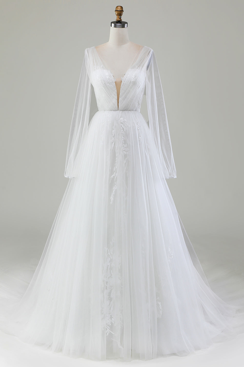 Ivory A-Line V-Neck Tulle Sweep Train Wedding Dress With Long Sleeves