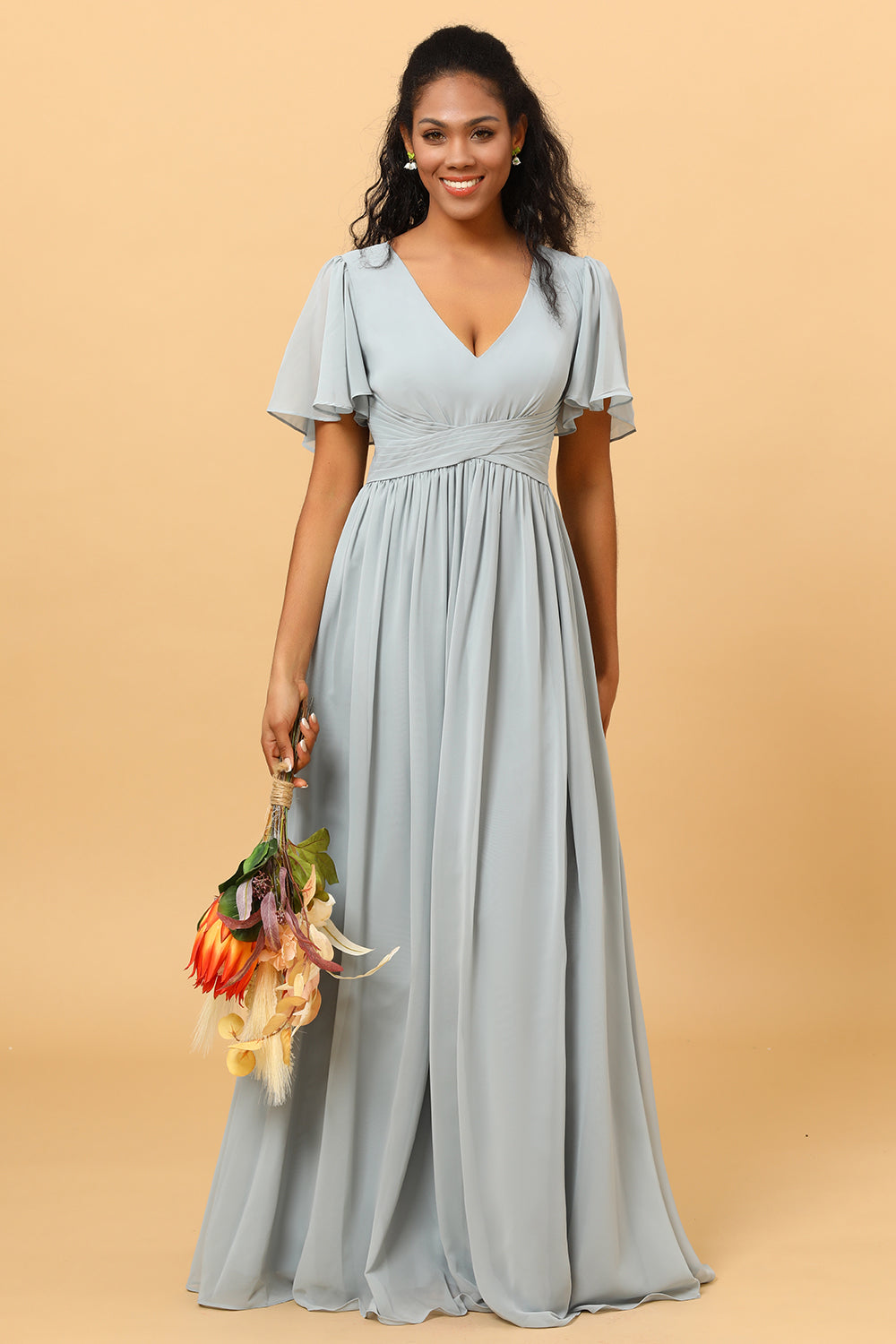 Dusty Blue A Line V Neck Short Sleeves Long Chiffon Bridesmaid Dress