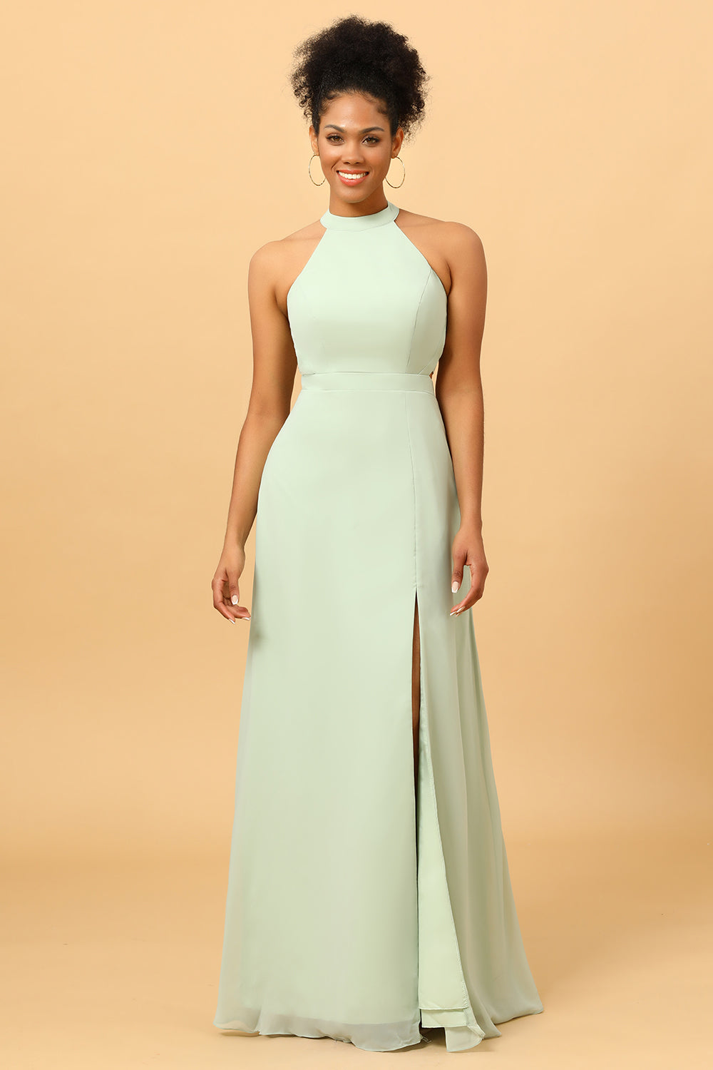 Dusty Sage Long Chiffon Bridesmaid Dress with Slit