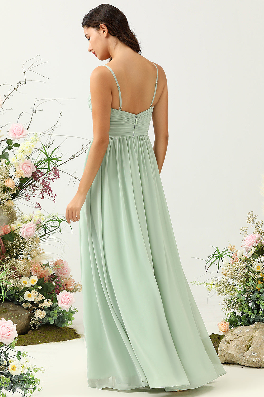 Sage A Line Spaghetti Straps Ruched Long Chiffon Bridesmaid Dress with Slit