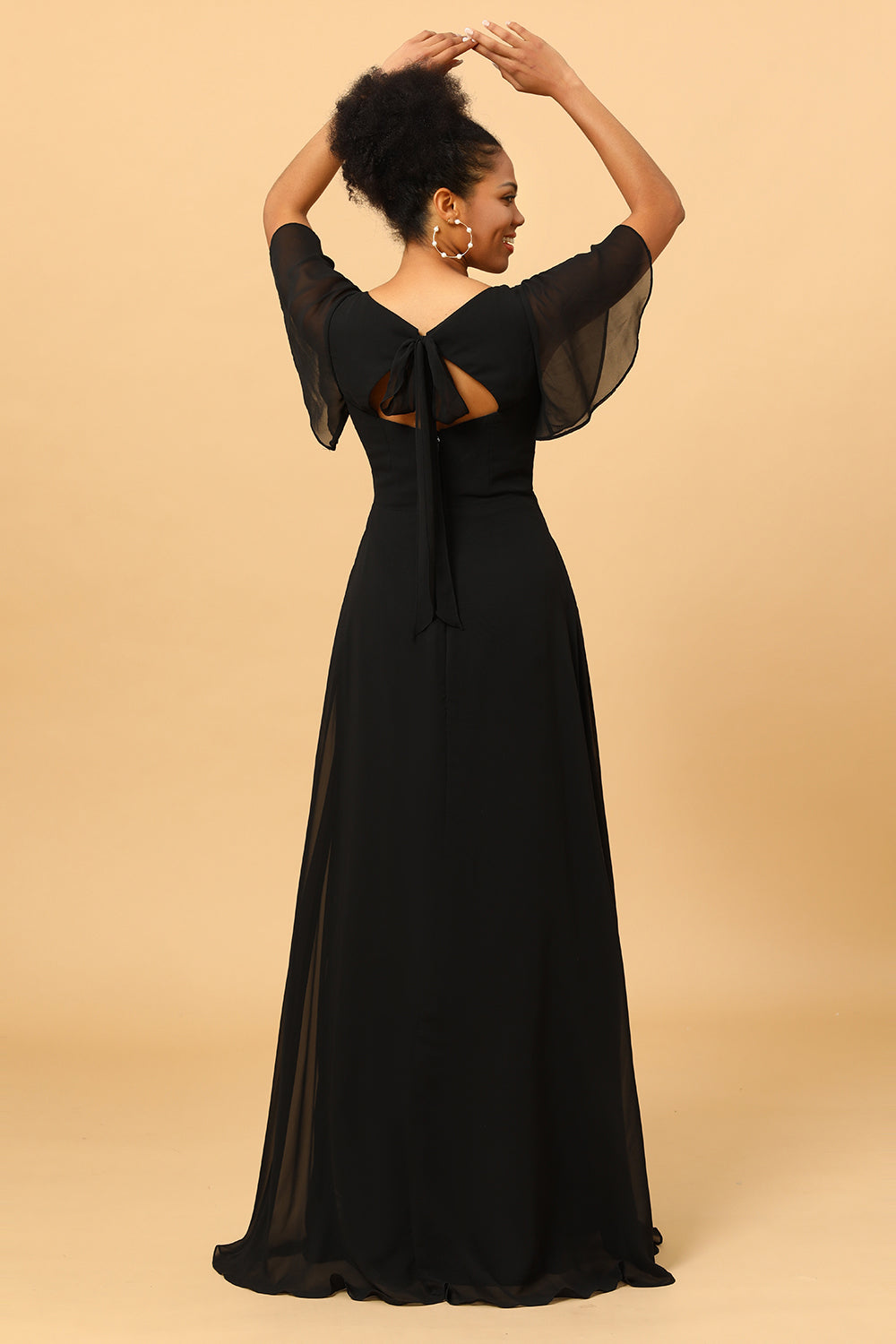 Black A Line V-Neck Long Chiffon Floor Length Dress with Slit