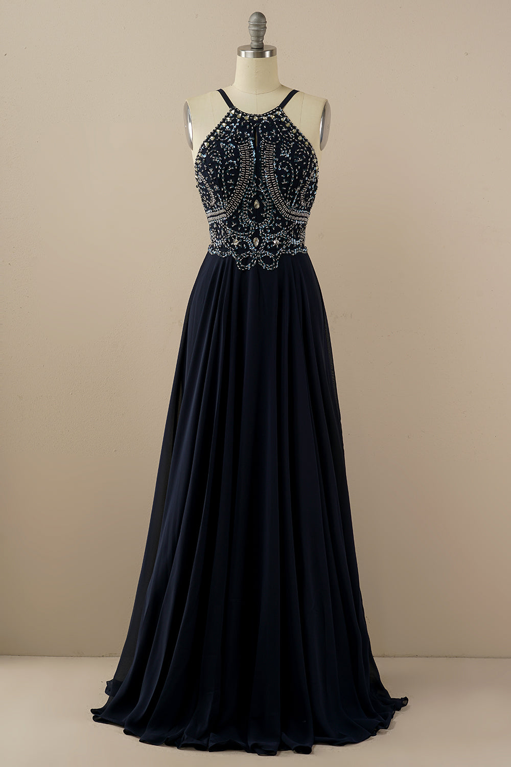 Navy A Line Halter Beaded Backless Long Prom Dress